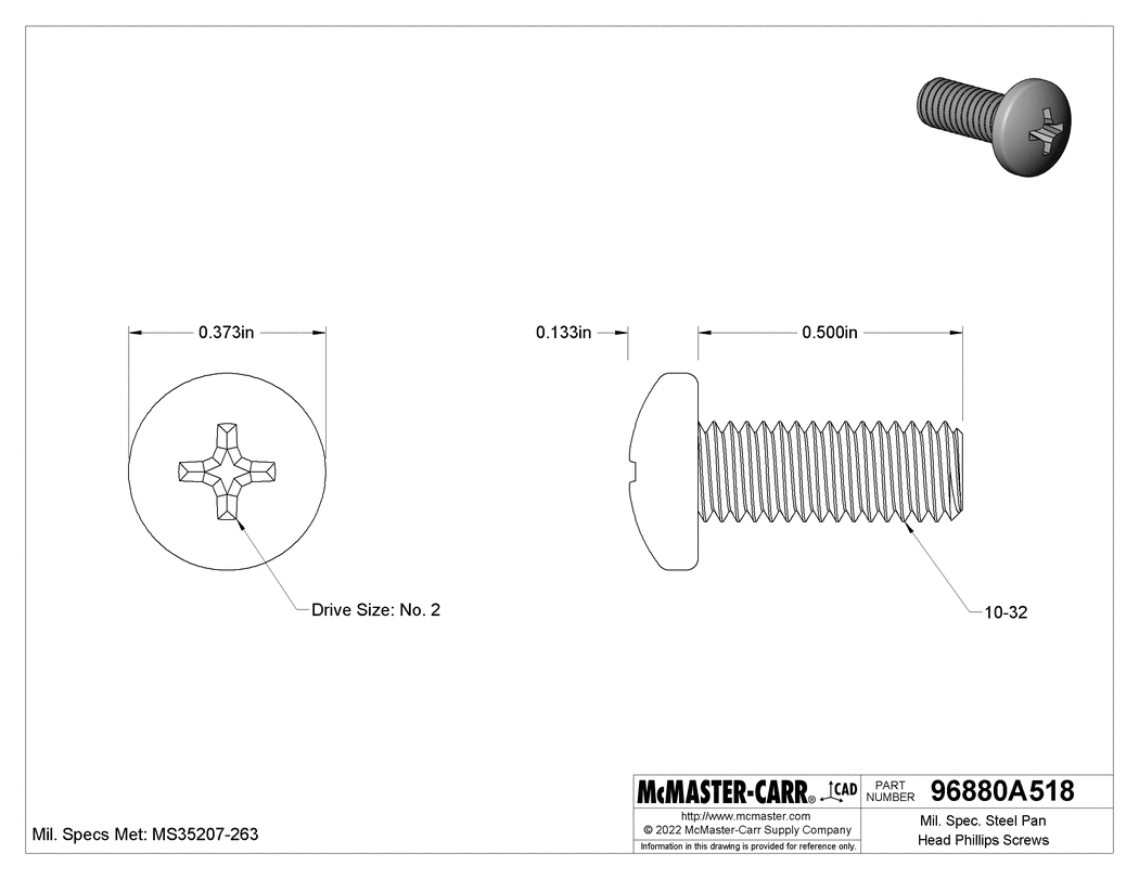 Technical Drawing of Mil. Spec. Steel Pan Head Phillips Screws, 10-32 Thread Size, 1/2" Long.